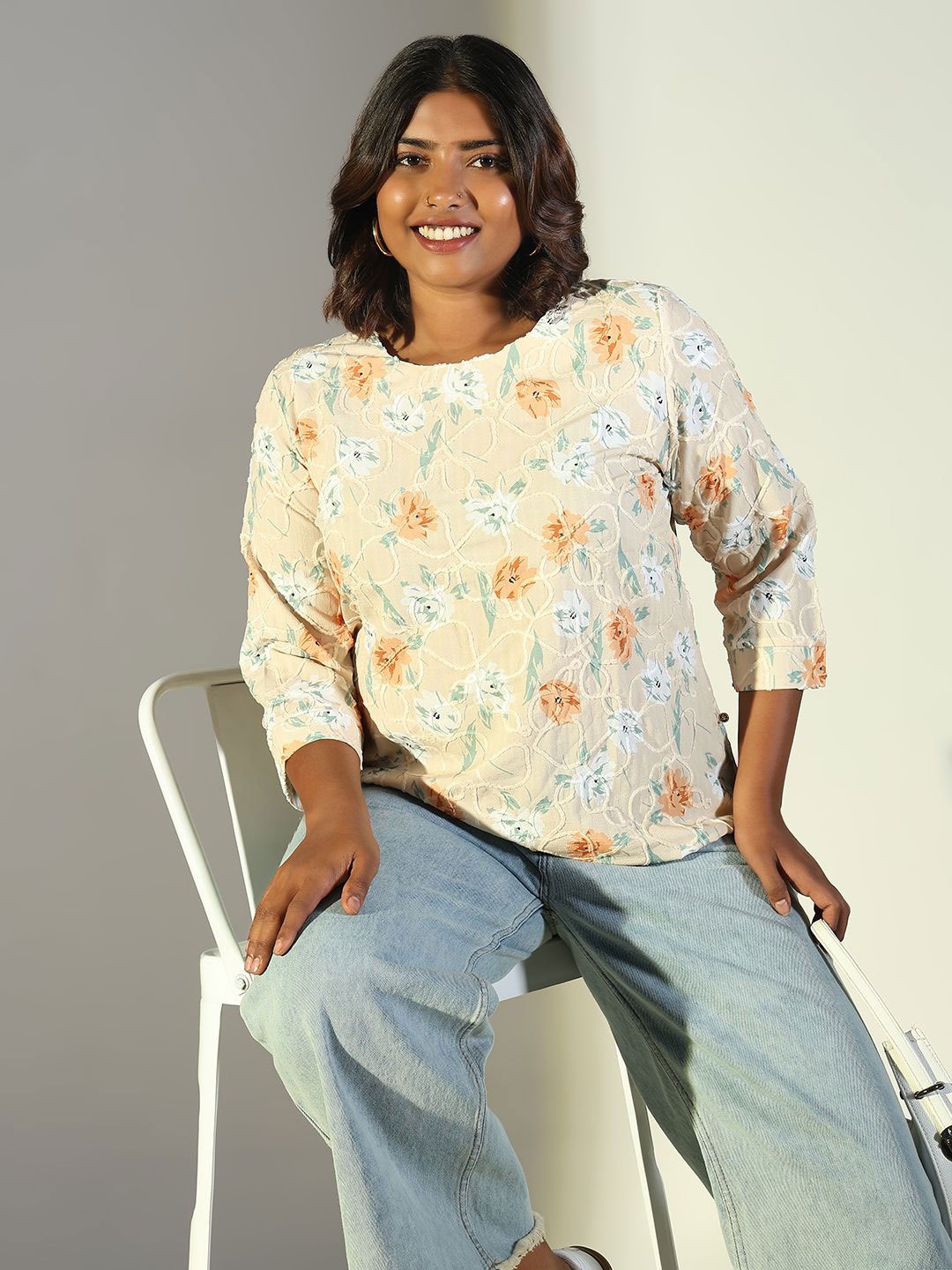 

SHOWOFF Women Floral Printed Round Neck Three-Quarter Sleeves Crepe Top, Yellow