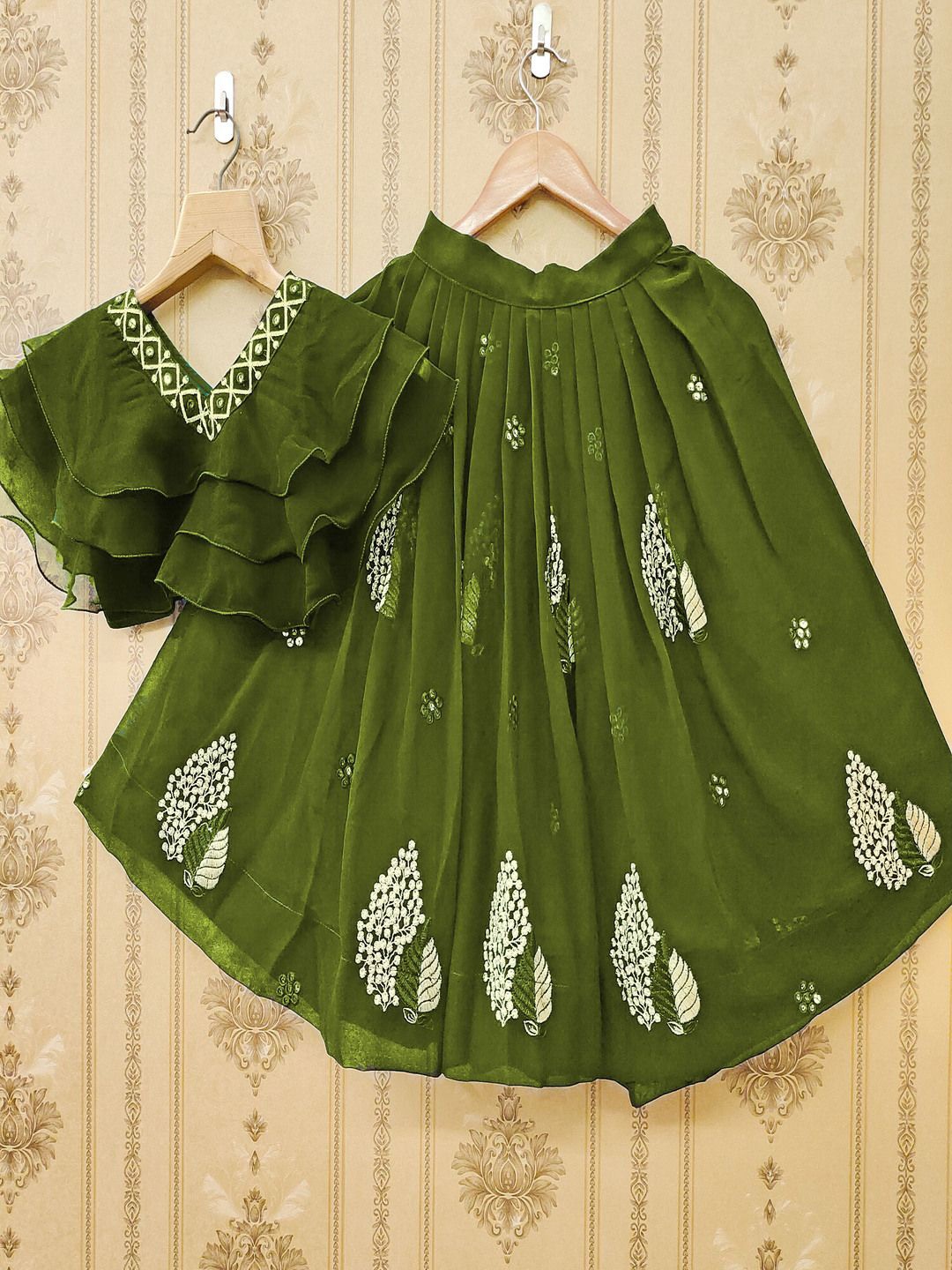 

BAESD Girls Embroidered Mukaish Ready to Wear Lehenga &, Green