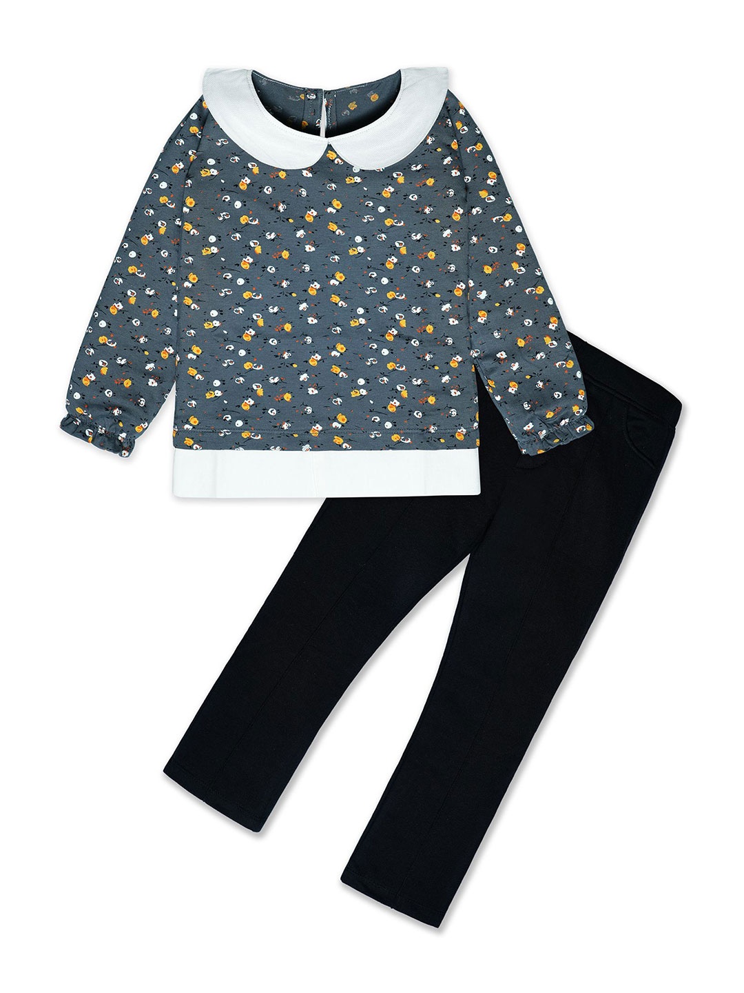 

Nino Togs Girls Printed Peter Pan Collar Top With Trouser, Grey