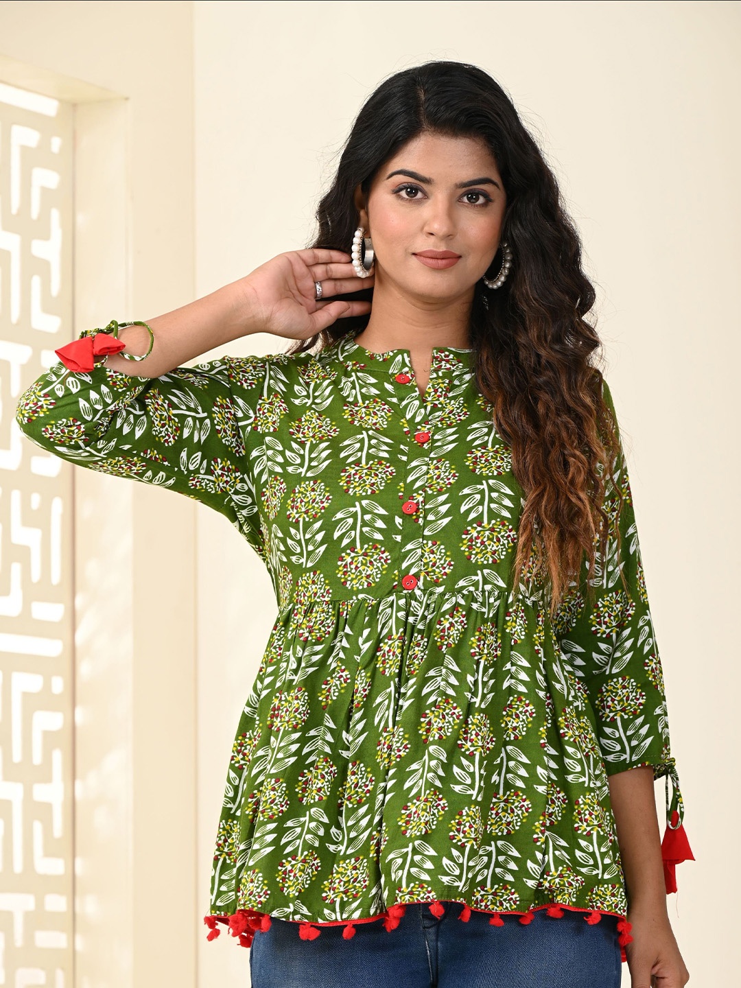 

SAADGEE Women Ethnic Printed Mandarin Collar Cotton Peplum Top, Green