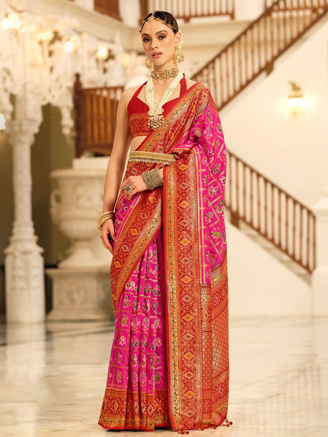 

Anouk Kalamkari Woven Design Zari Designer Patola Saree, Pink