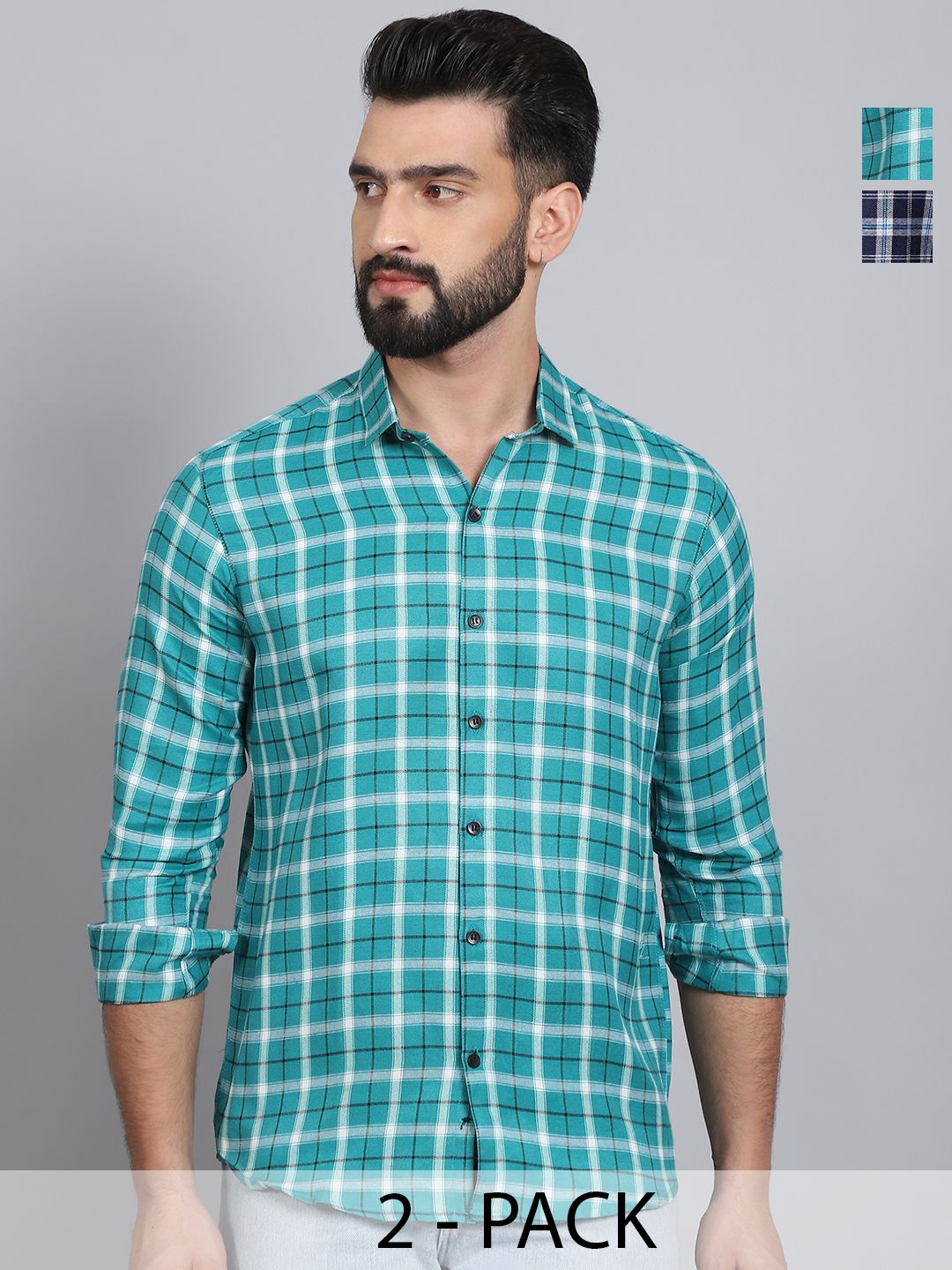 

Tanip Men Pack Of 2 Spread Collar Tartan Checked Cotton Casual Shirts, Sea green