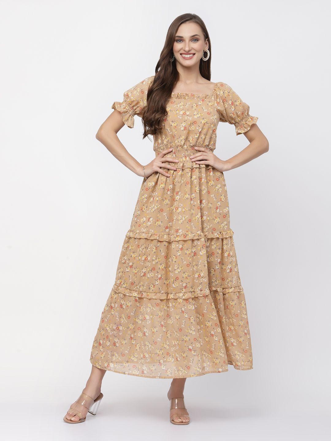 

DELIS Women Floral Printed Puff Sleeve Georgette Fit & Flare Midi Dress, Beige
