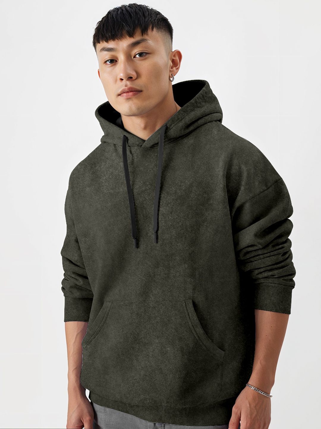

Crazymonk Men Oversized Plain Hooded Sweatshirt, Olive