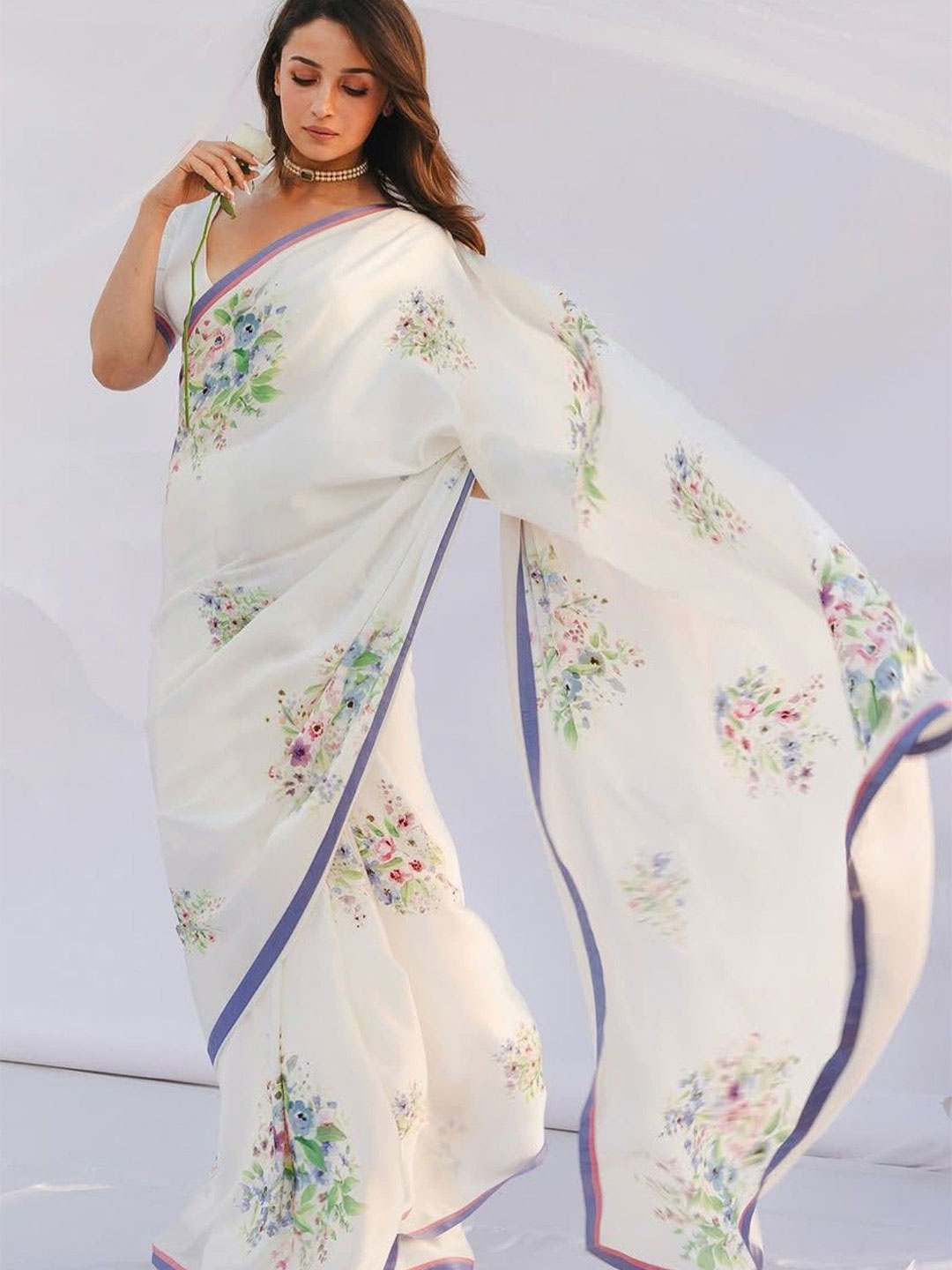 

MySilkLove Floral Satin Saree, White