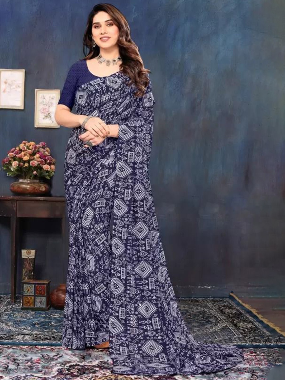 

Florence Pure Georgette Saree, Navy blue