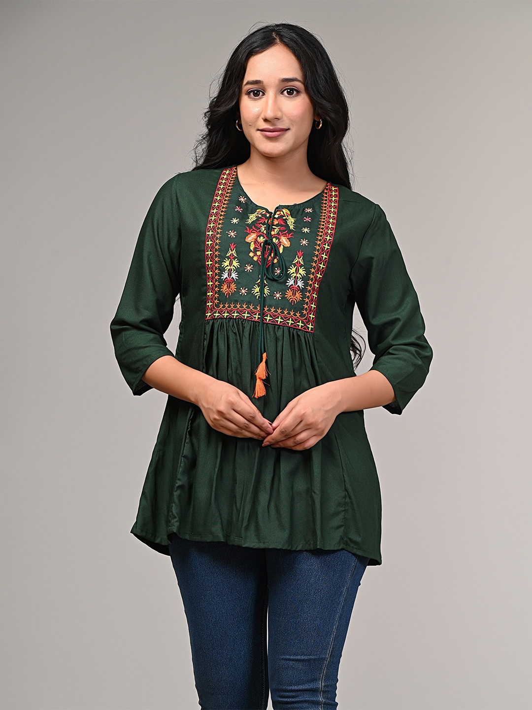 

SAADGEE Women Embroidered Cotton Tunic, Green