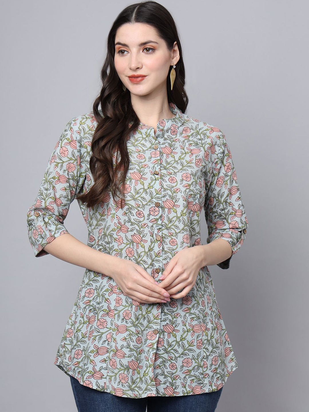 

BAESD Women Floral Printed Ethnic Cotton Top, Blue