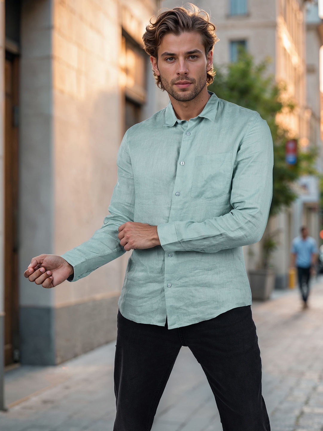 

Celio Men Classic Fit Spread Collar Solid Linen Casual Shirt, Green