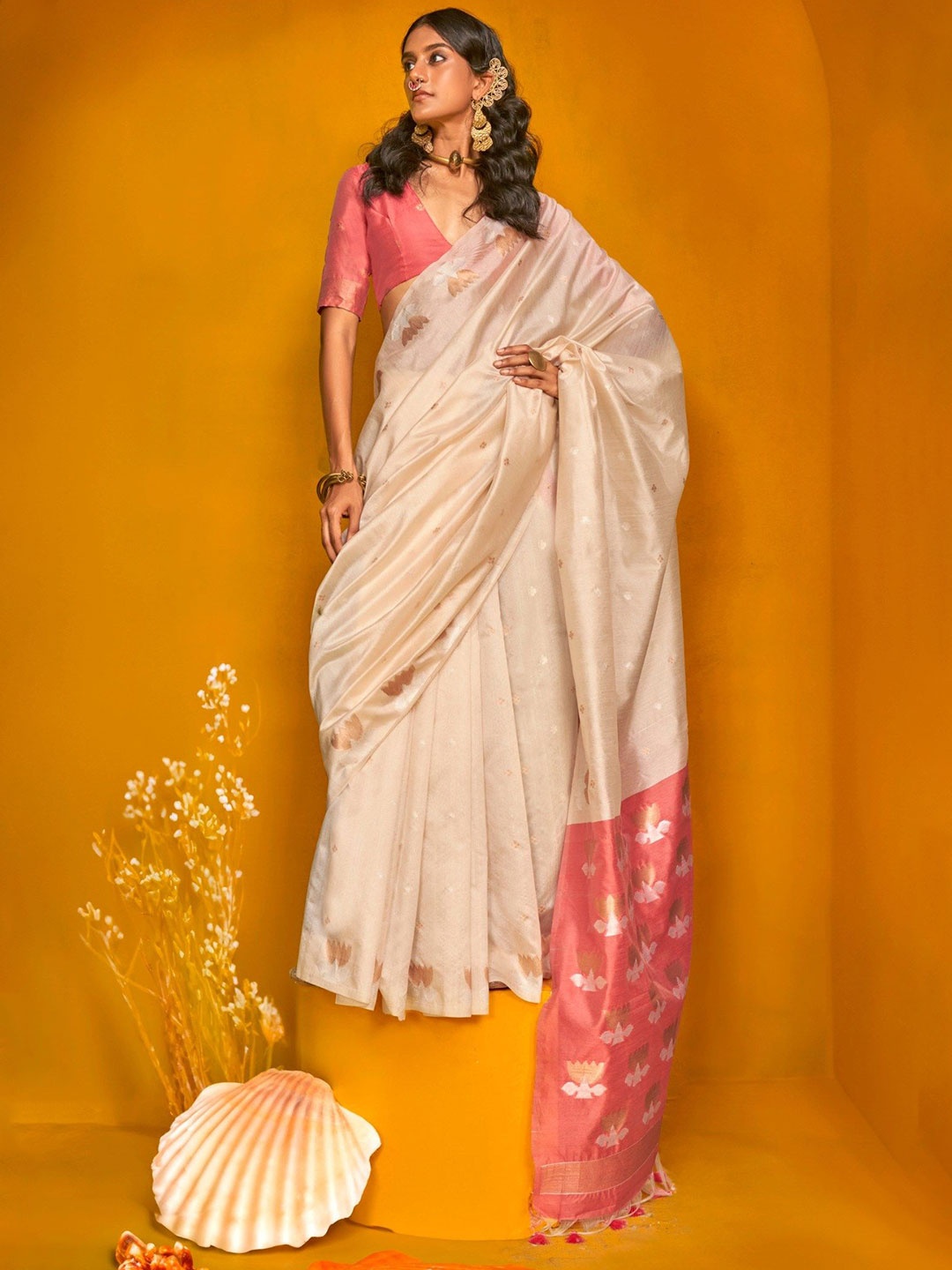 

MySilkLove Ethnic Motifs Tussar Saree, Cream