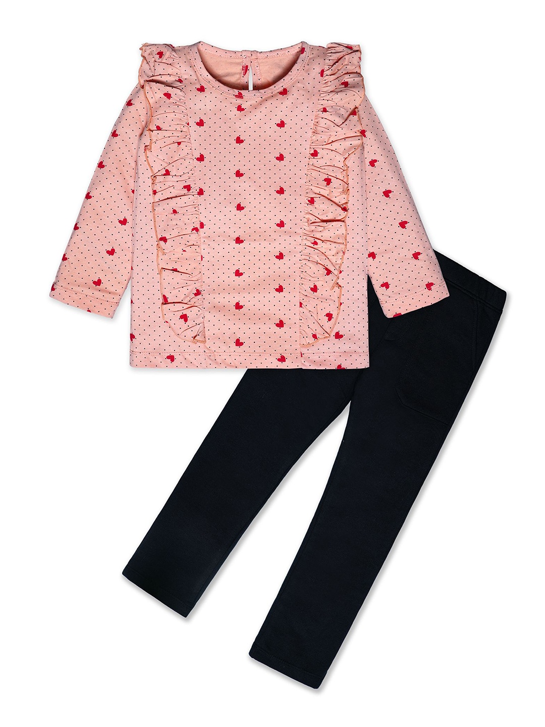 

Nino Togs Girls Printed Pure Cotton Vertical Ruffle Top With Trouser, Pink