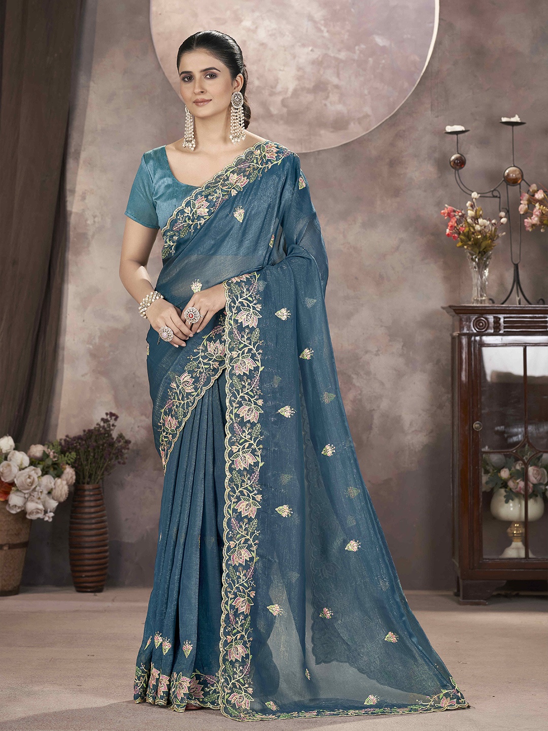 

RV CREATION Floral Designer Saree, Teal