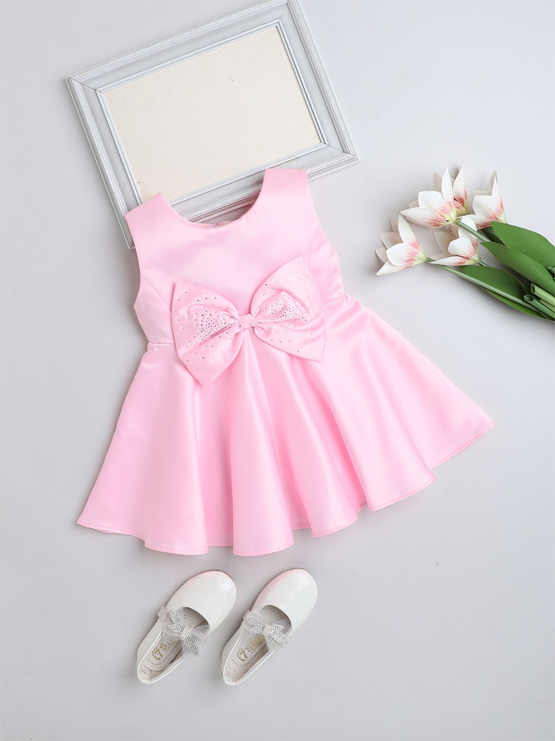 

The Magic Wand Girls Round Neck Bow Detail Fit & Flare Dress, Pink