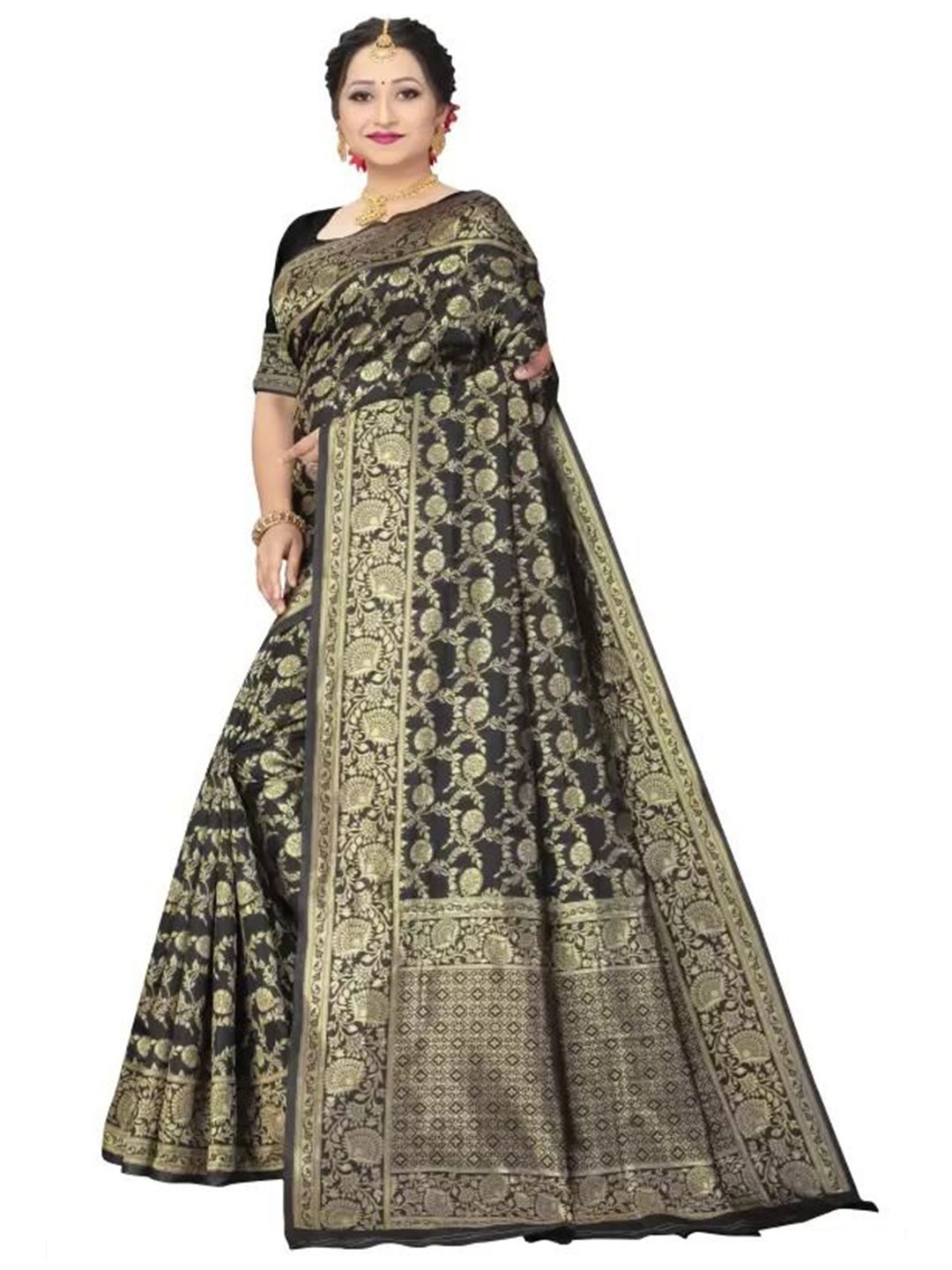 

Florence Women Woven Design Pure Silk Saree, Black