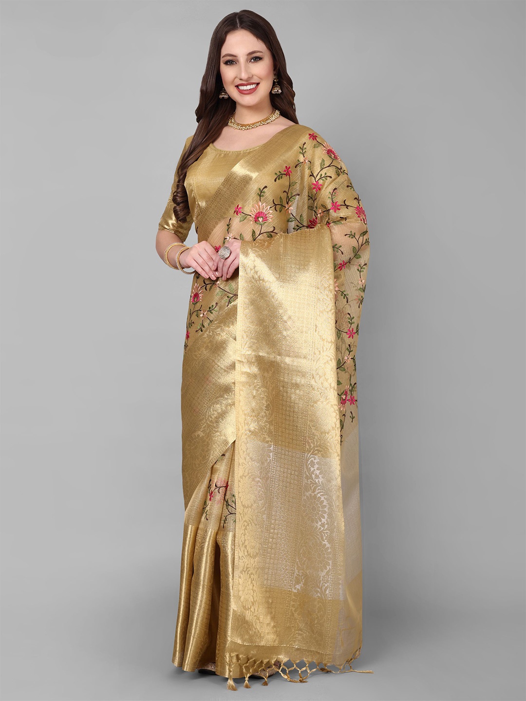 

Vastrang Floral Embroidered Woven Design Zari Tissue Banarasi Saree, Gold