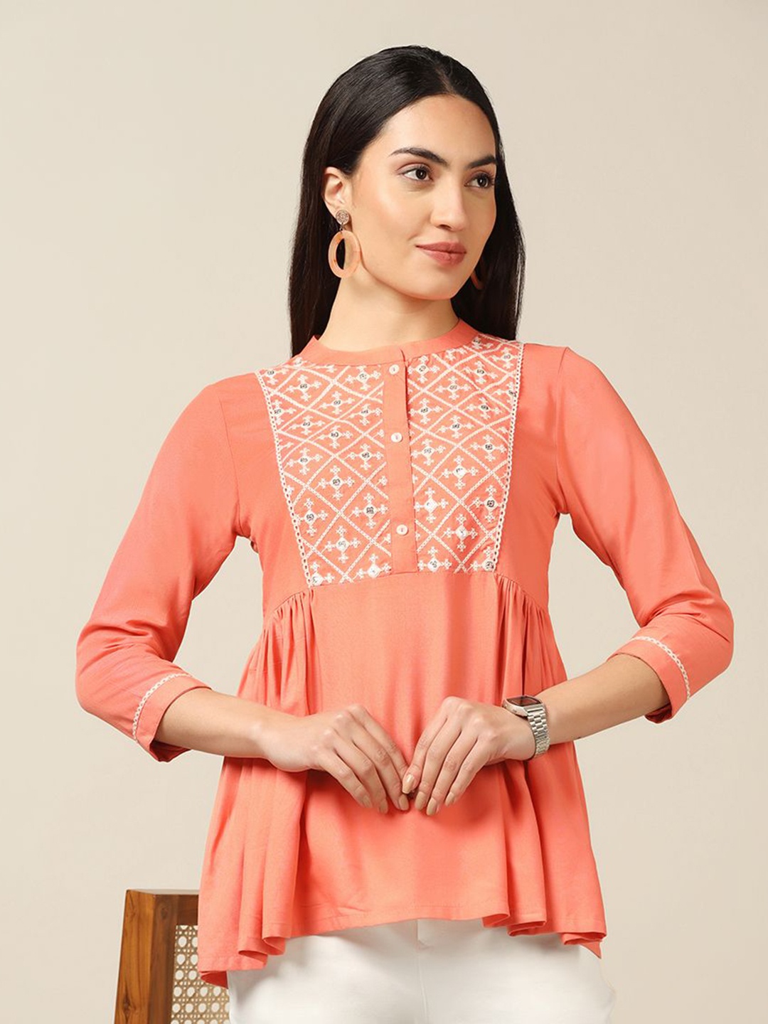 

Moda Rapido Women Embroidered Mandarin Collar Tunic, Peach
