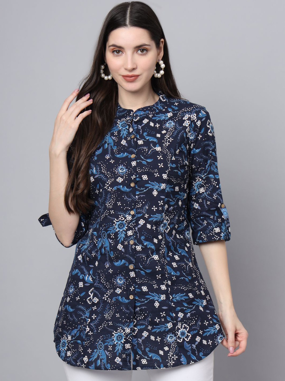 

BAESD Women Floral Printed Mandarin Collar Roll-Up Sleeves Cotton Top, Blue