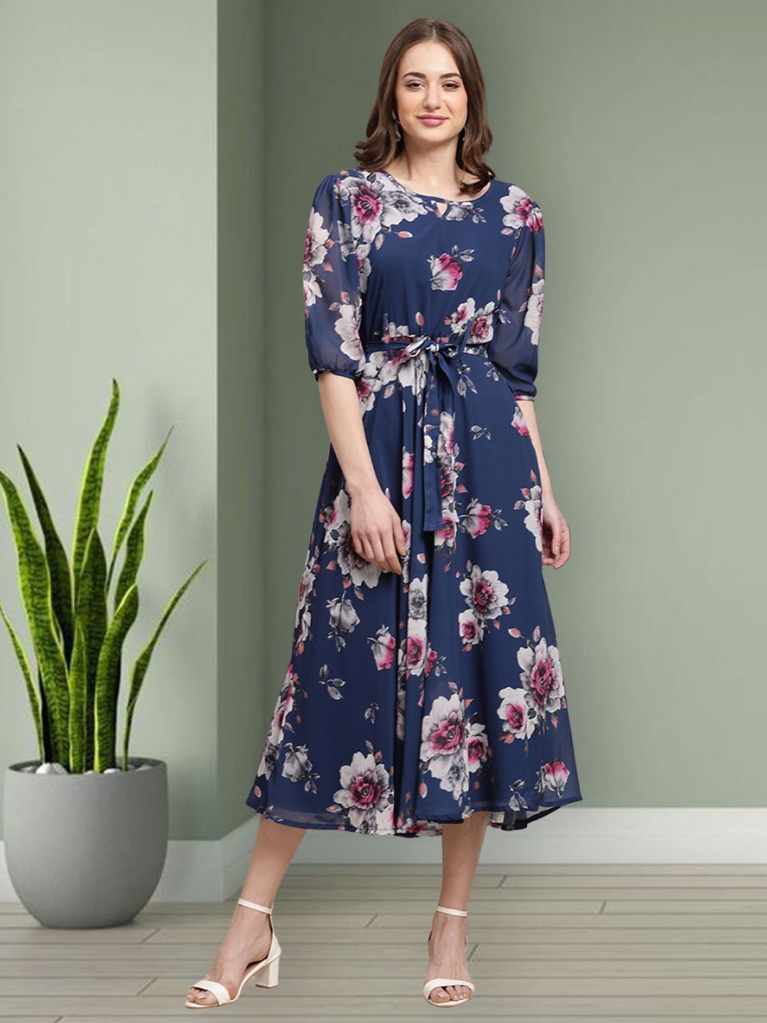 

Mast & Harbour Women Floral Print Puff Sleeve Layered Fit & Flare Midi Dress, Navy blue