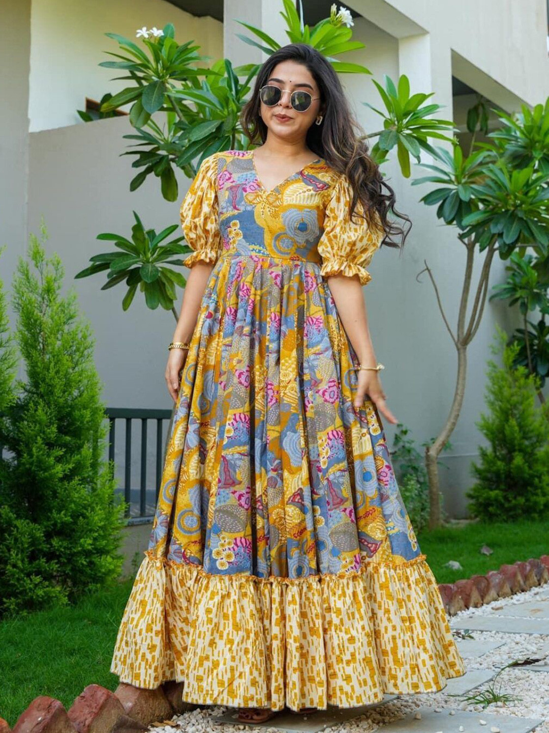 

WHATNOT STYLE Floral Print Ruffled Formal Maxi Dress, Yellow