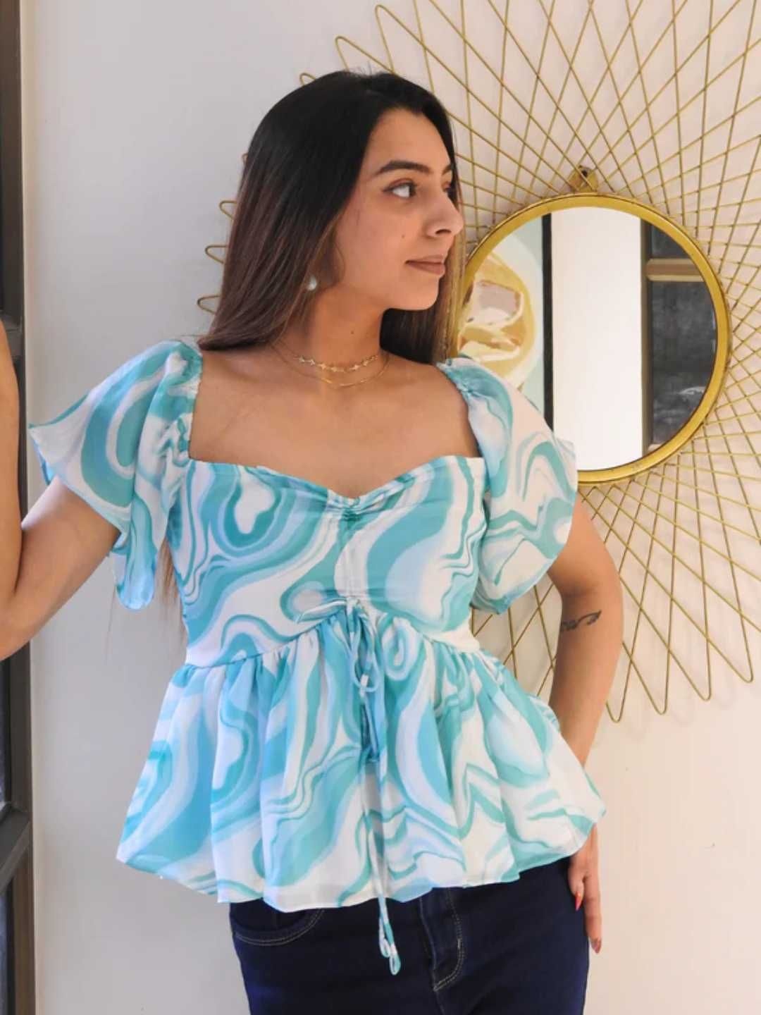 

Seoraa Women Print Sweetheart Neck Cotton Top, Blue