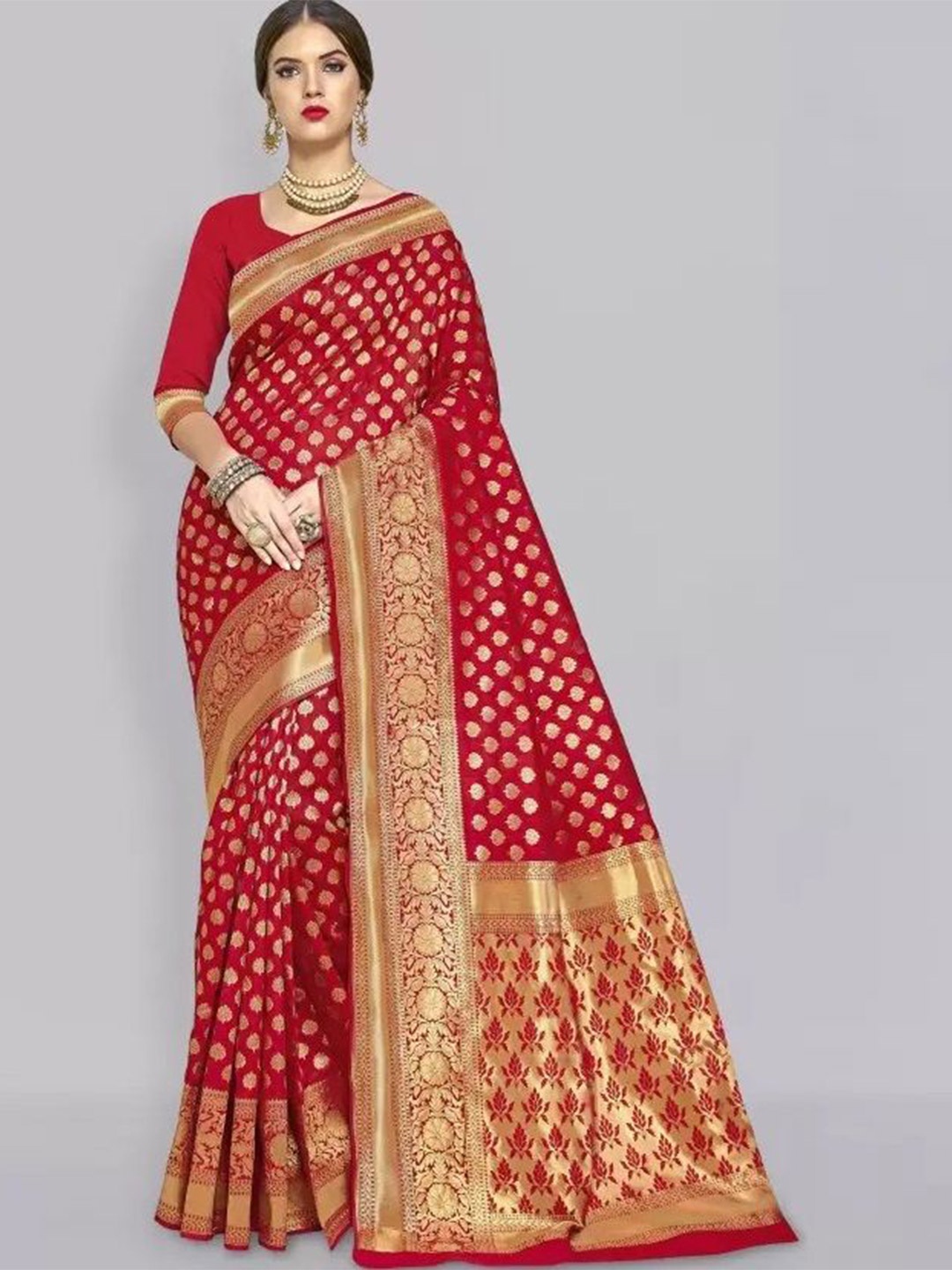 

Florence Woven Design Pure Silk Fusion Saree, Red