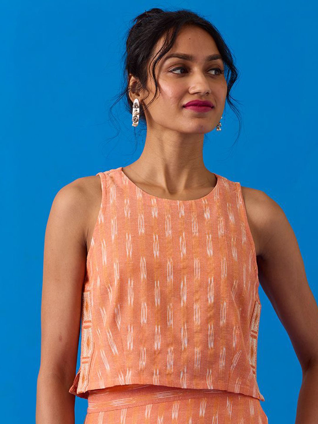 

OKHAI Apricot Hand-Embroidered Pure Cotton Ikkat Peach Top