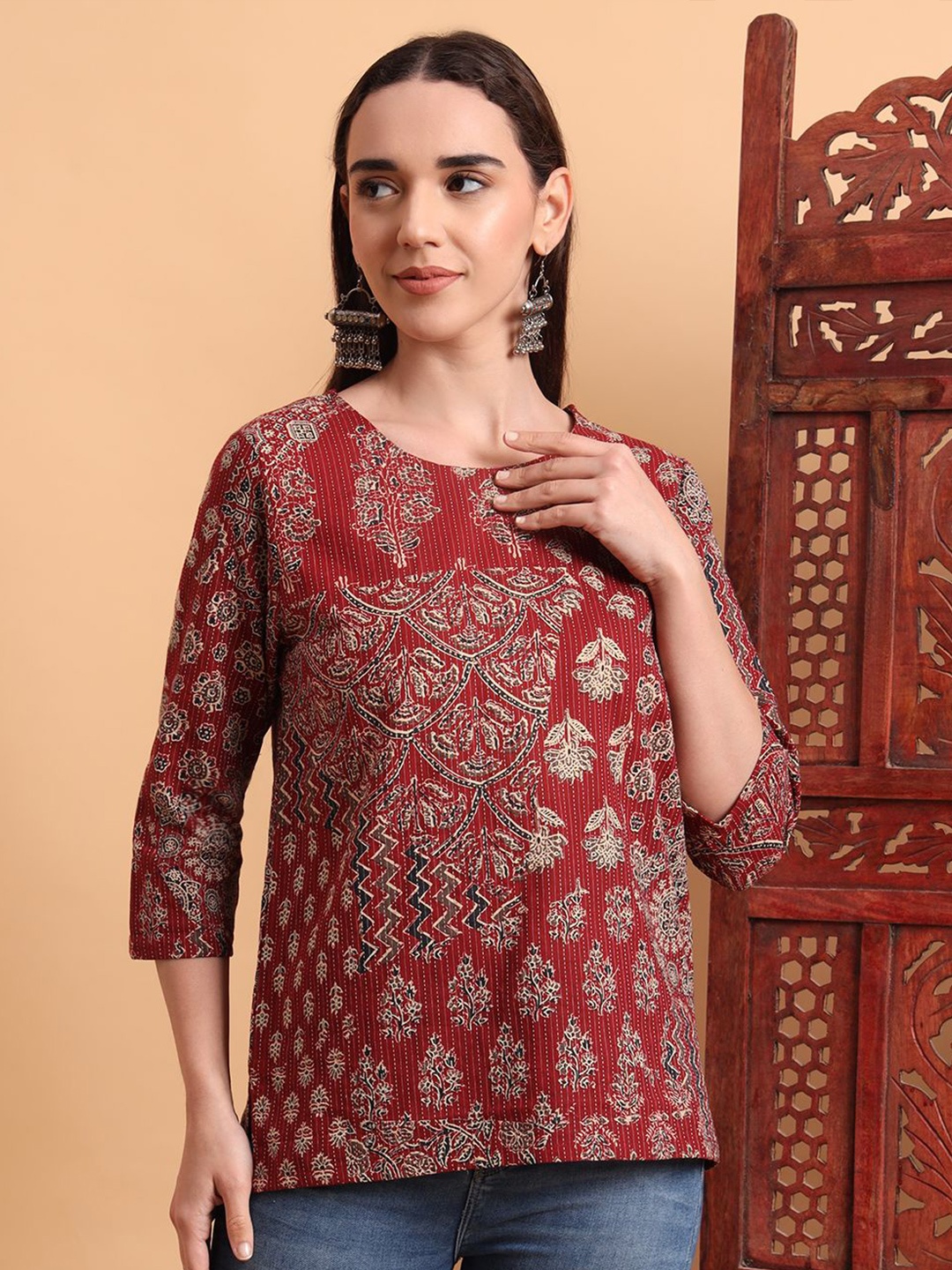 

Anouk Rustic Women Ethnic Motif Printed Pure Cotton Kurti, Maroon