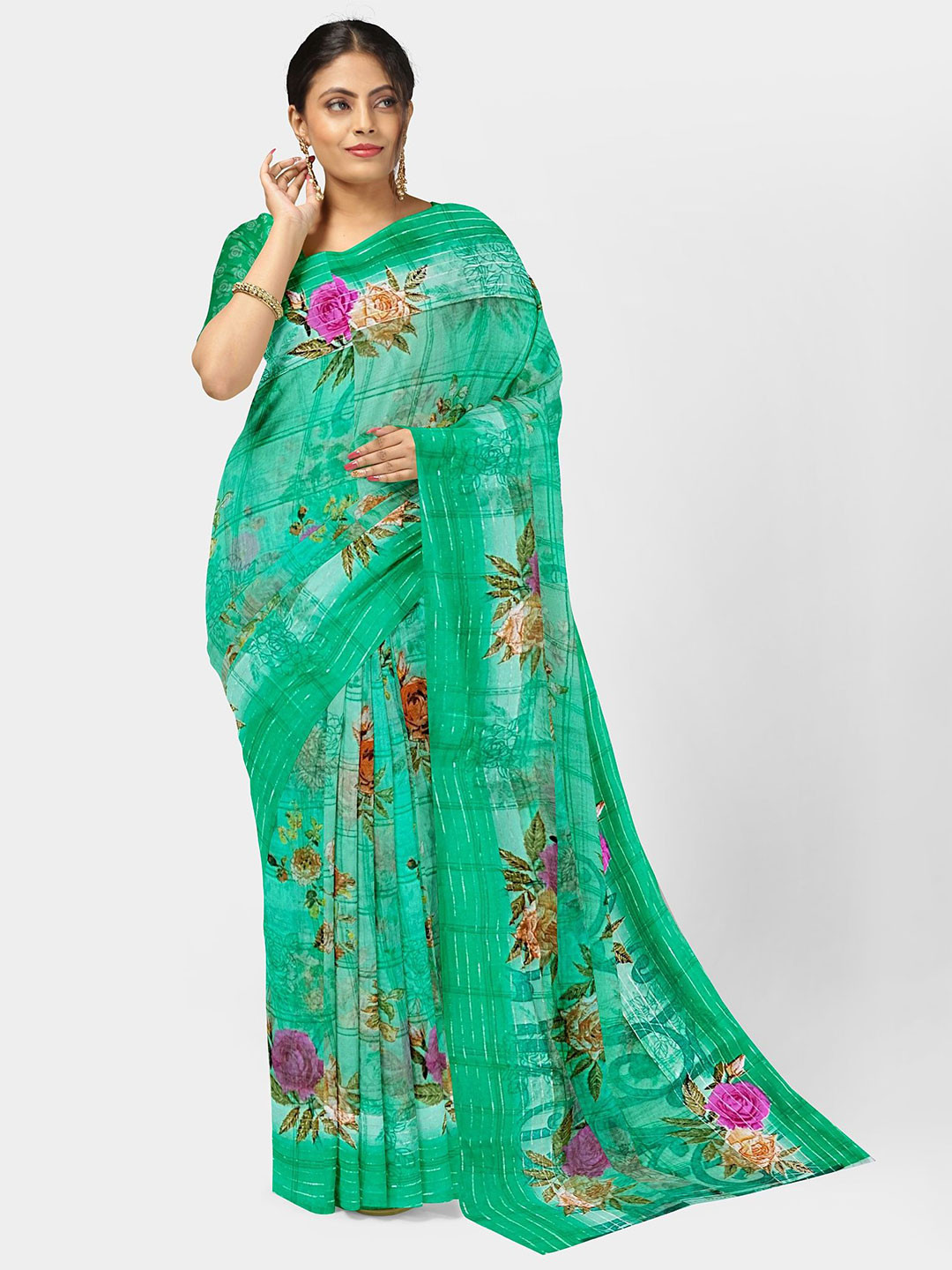 

Ruhabs Floral Print Saree, Green