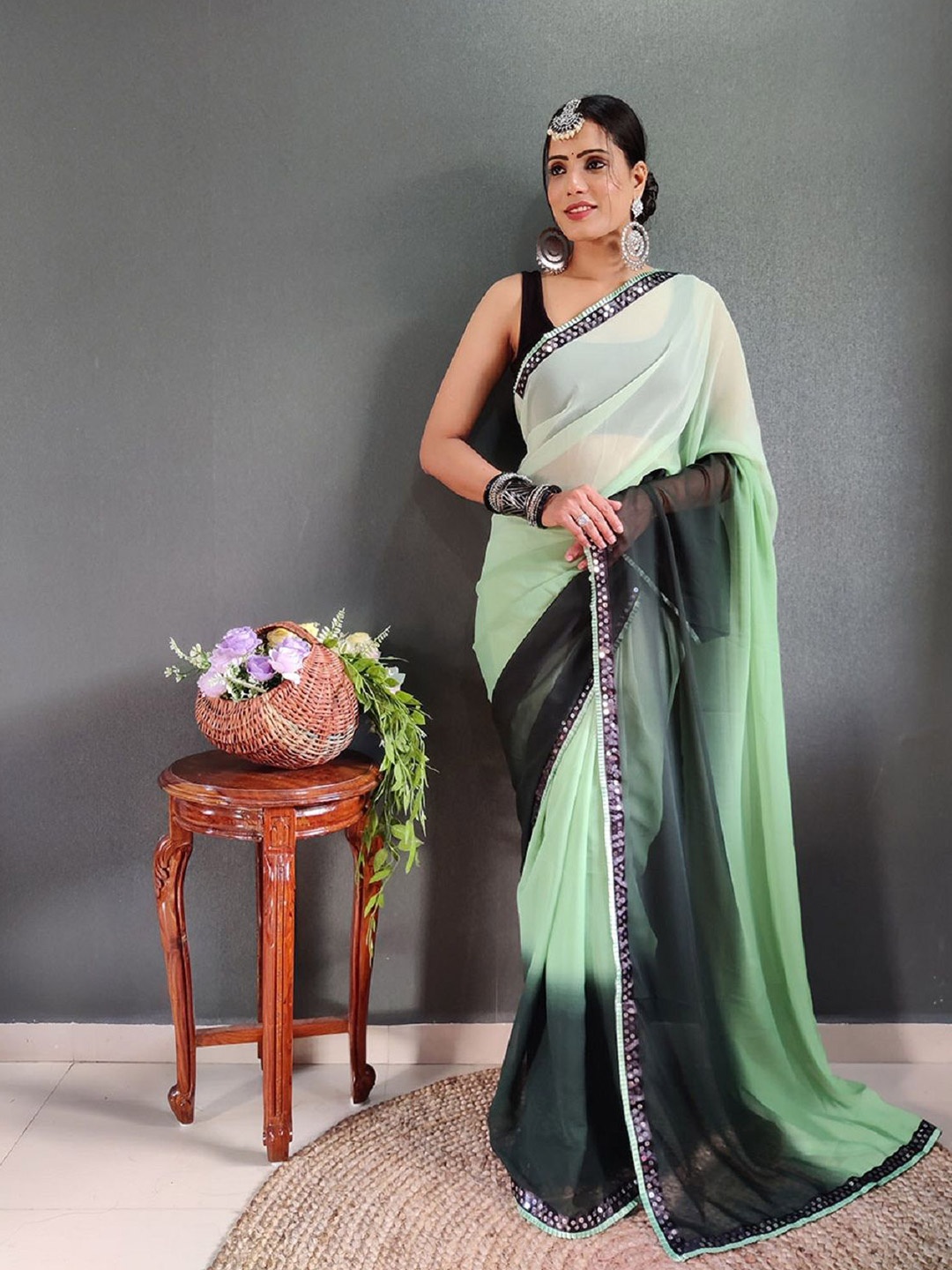 

A TO Z CART Ombre Sequinned Pure Georgette Ready to Wear Saree, Green