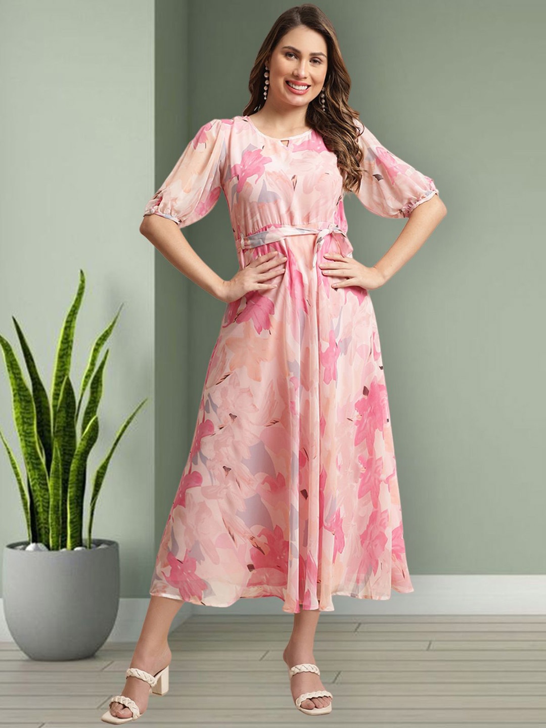 

Mast & Harbour Women Floral PrintED Puff Sleeve Fit & Flare Midi Dress, Pink