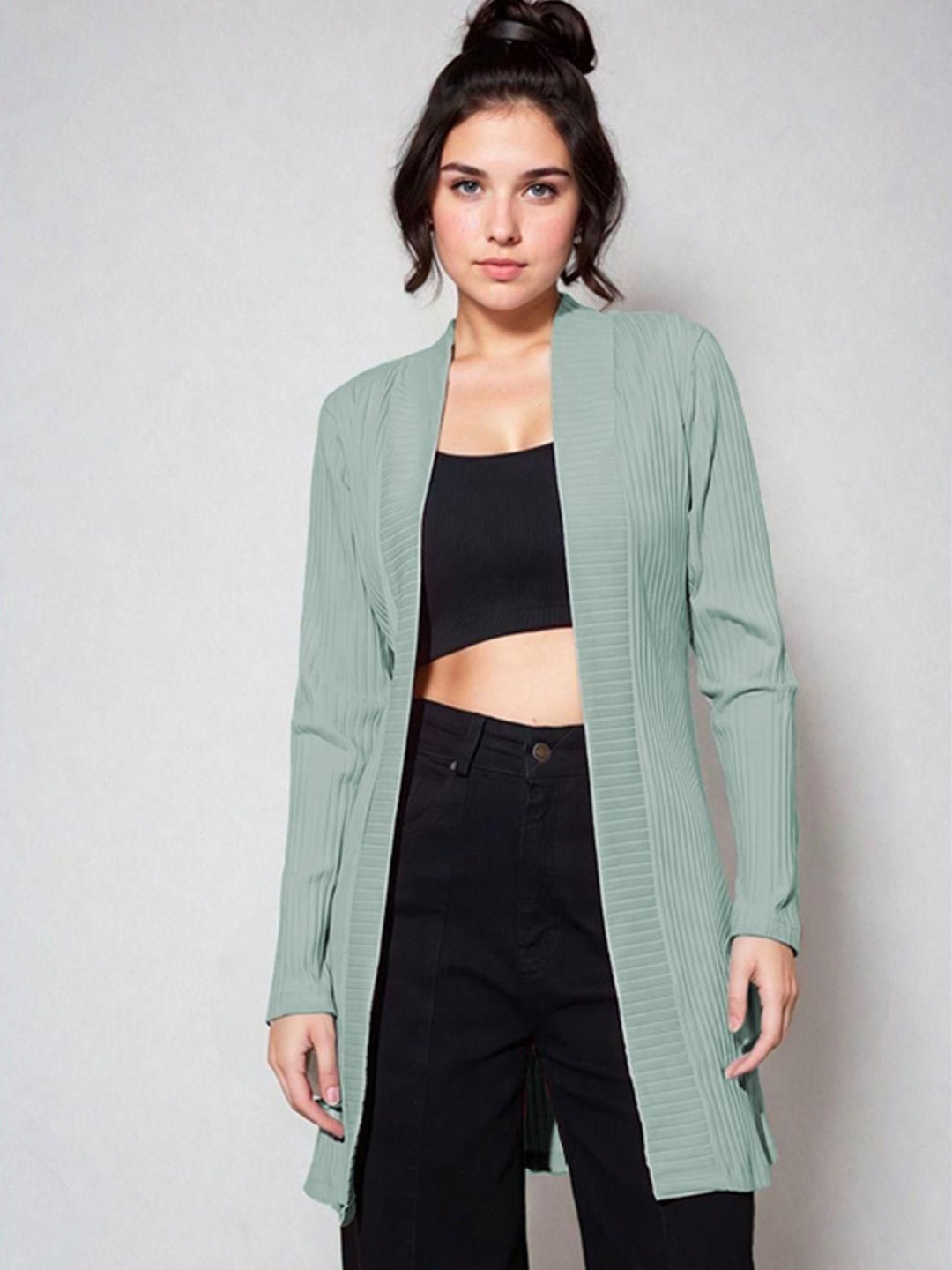 

Kotty Shawl Collar Long Sleeves Longline Open Front Shrug, Green