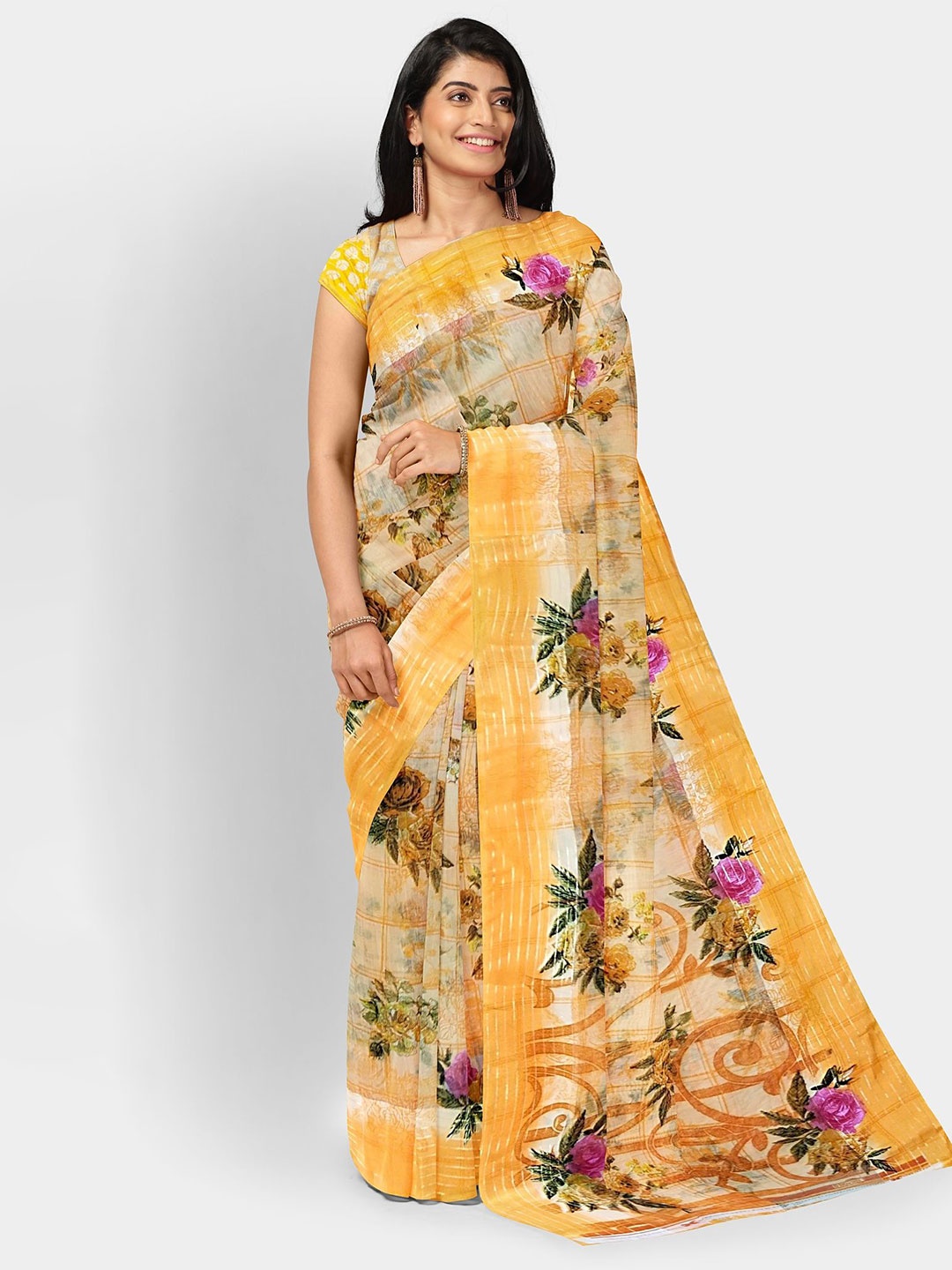 

Ruhabs Floral Printed Saree With Blouse Piece, Orange
