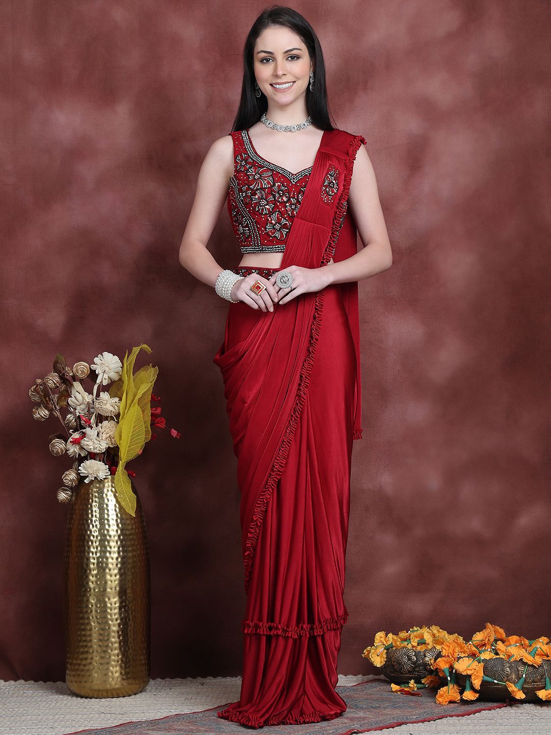 

Grancy Ruffled Ready to Wear Saree With Embellished Stitched Blouse, Maroon