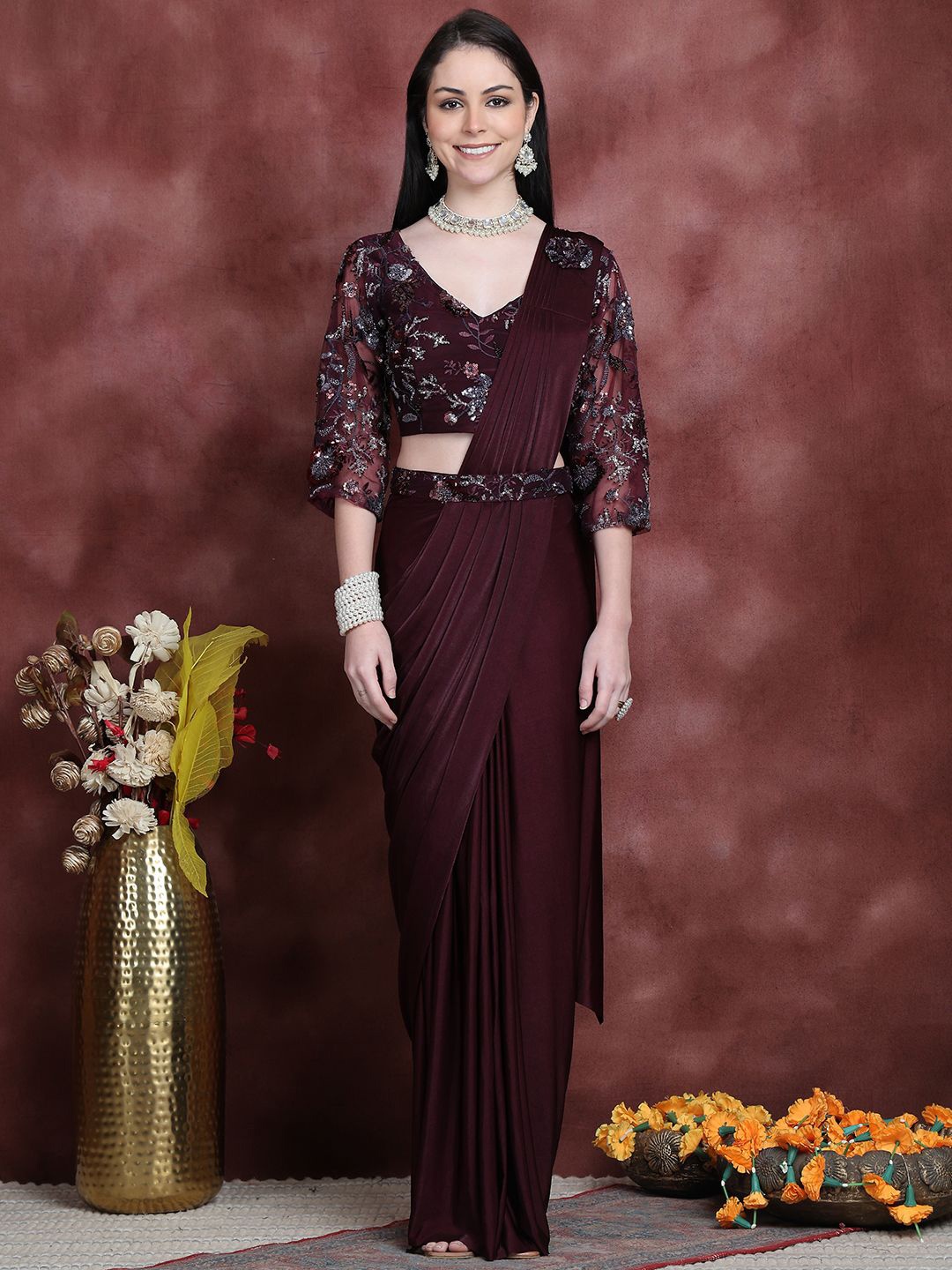 

Grancy Ready to Wear Leheriya Saree, Burgundy