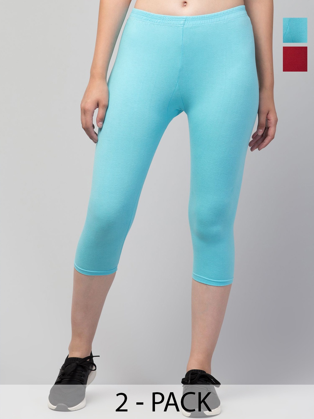 

ULLAS Women Pack of 2 Cotton Skinny Fit Capris, Turquoise blue