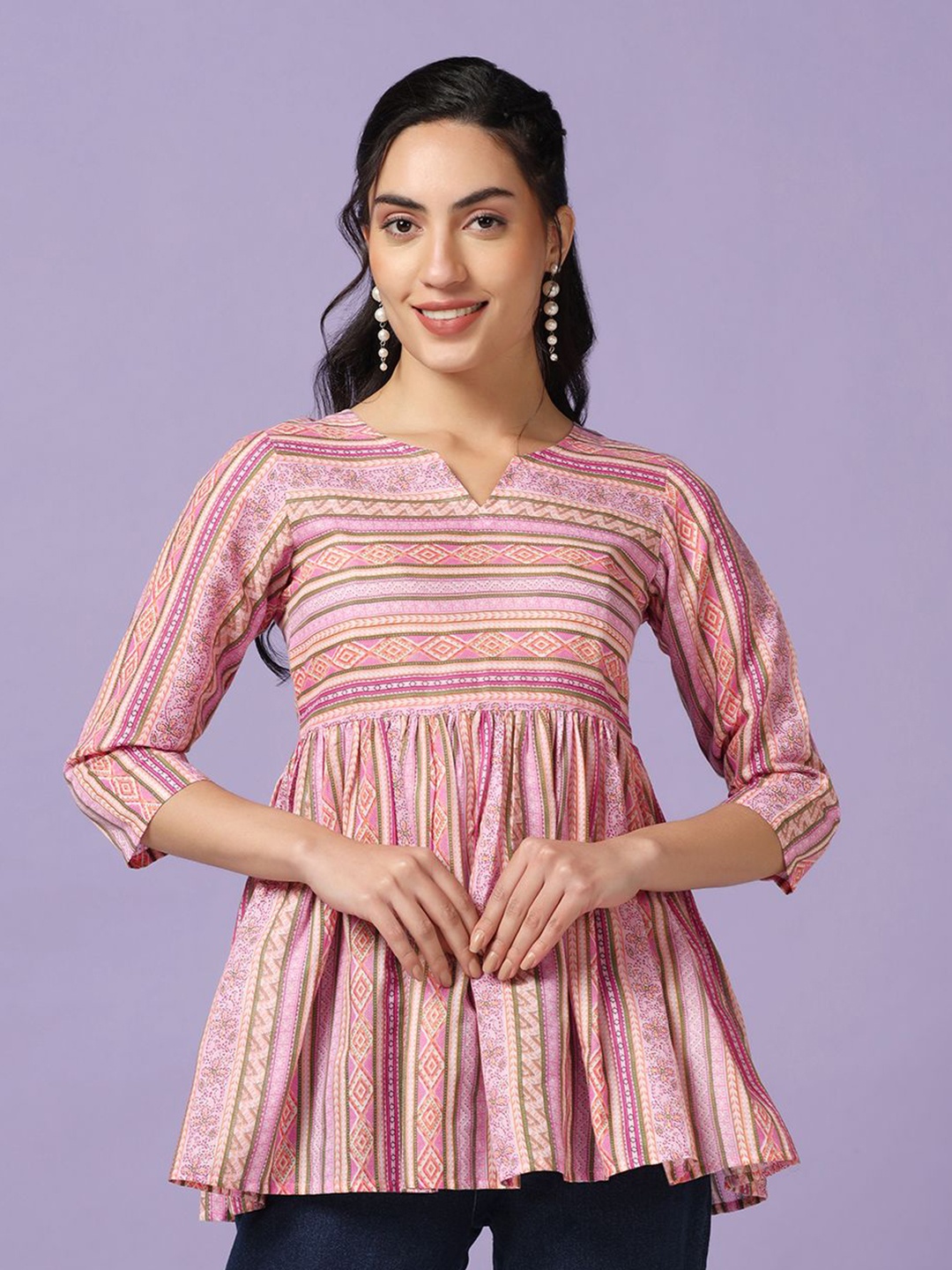 

Moda Rapido Women V-Neck Ethnic Motifs Printed PeplumTop, Pink