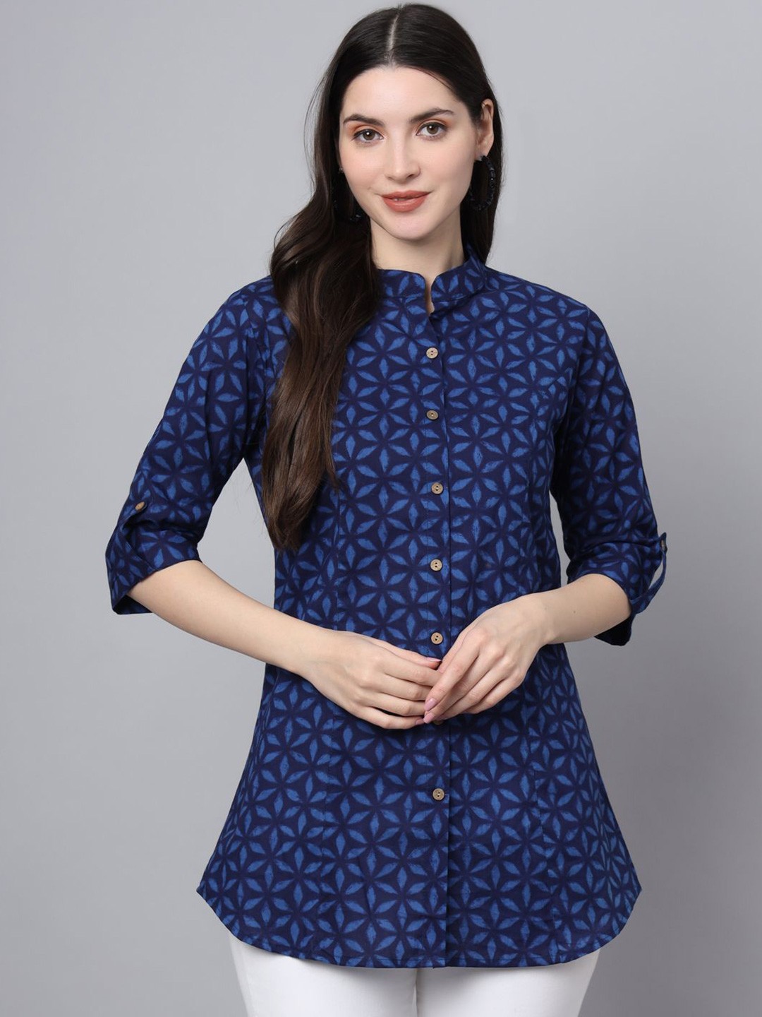 

BAESD Floral Print Mandarin Collar Roll-Up Sleeves Ethnic Cotton Top, Blue