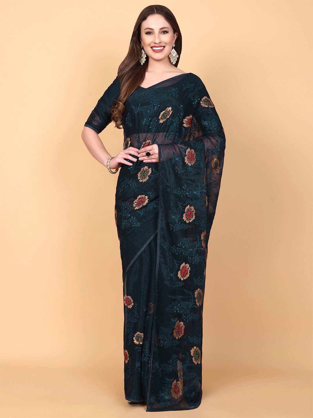 

Vastrang Floral Embroidered Embellished Beads and Stones Saree, Blue