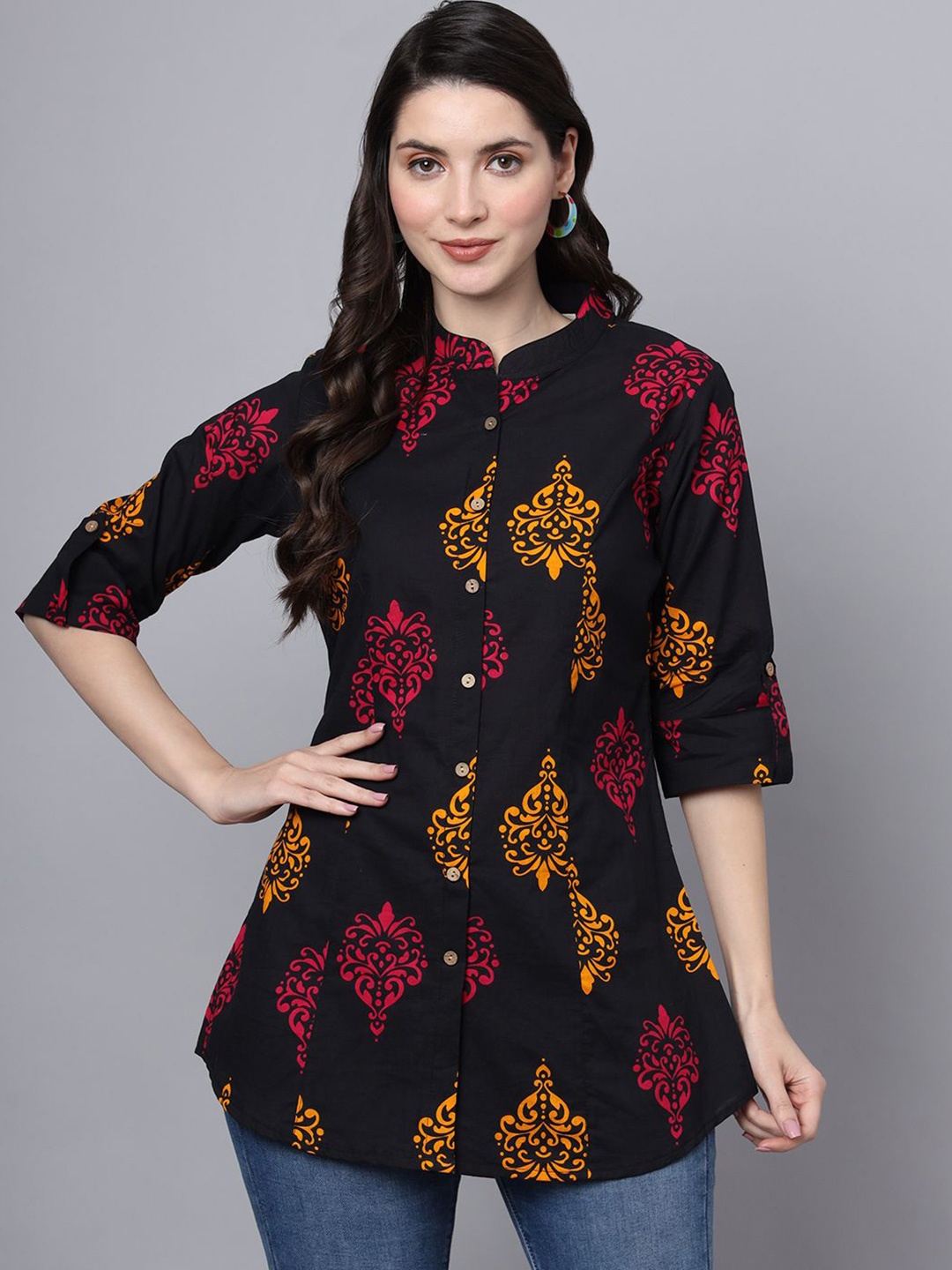 

BAESD Floral Print Mandarin Collar Roll-Up Sleeves Cotton Shirt Style Top, Black
