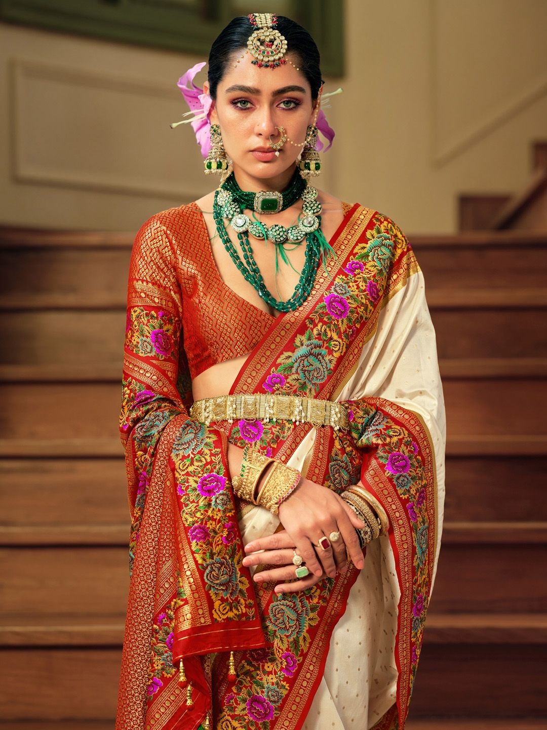 

Anouk Polka Dot Zari Designer Banarasi Saree, Off white