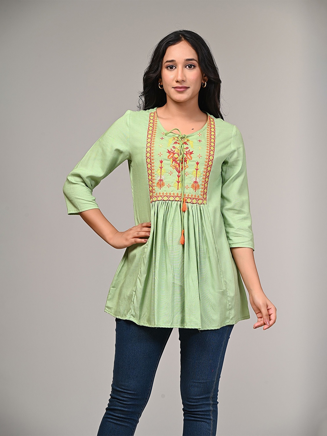 

SAADGEE Women Mandarin Collar Bohemian Cotton Longline Peplum Top, Green