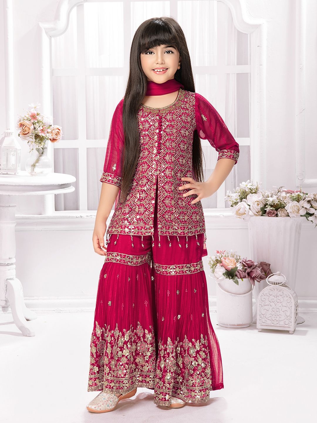 

Tiny Kingdom Girls Floral Embroidered Round Neck Straight Kurti With Sharara & Dupatta, Maroon