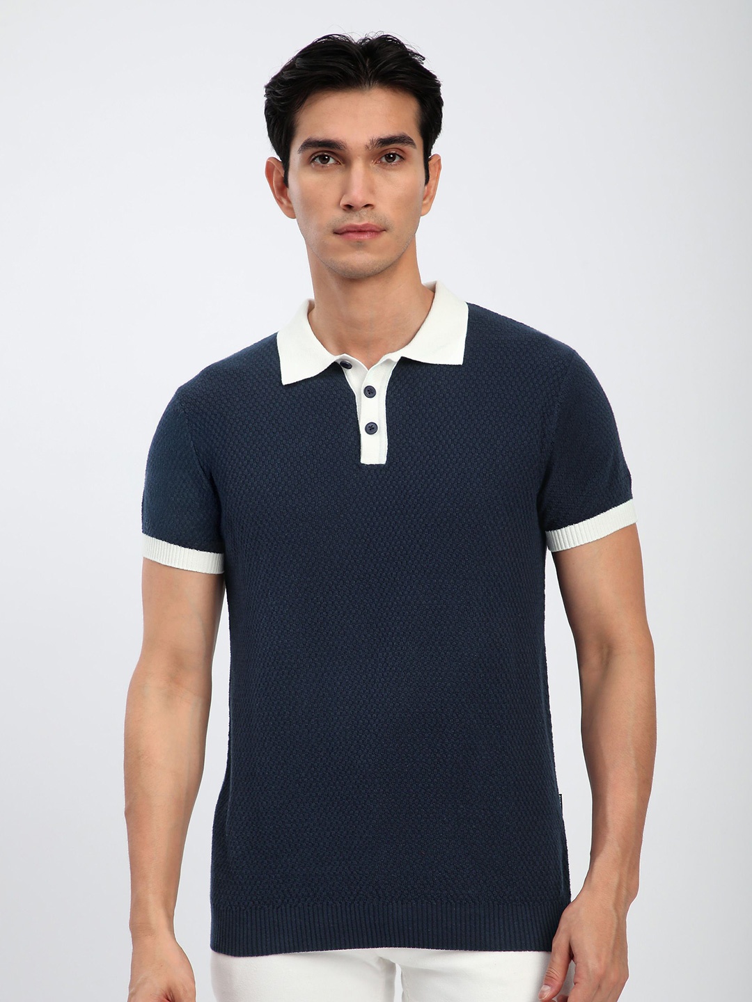 

Beyoung Men Self Design Polo Collar Cotton T-shirt, Navy blue