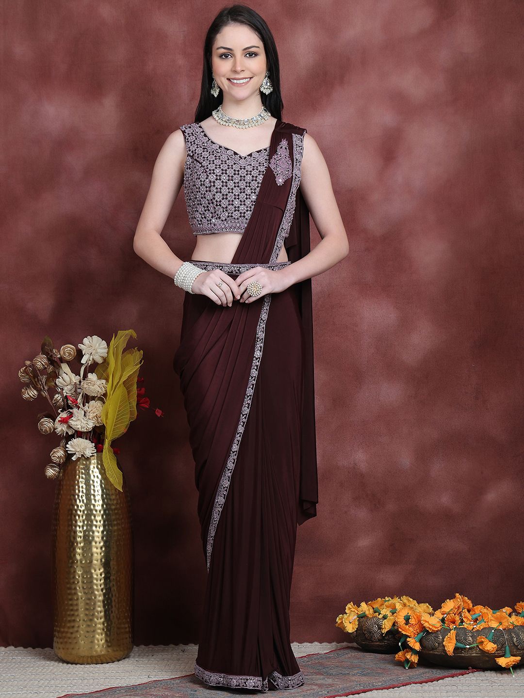 

Grancy Embroidered Ready to Wear Saree, Burgundy