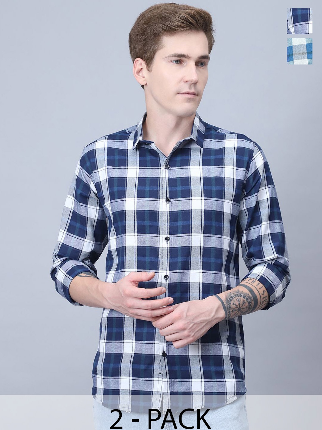 

Tanip Men Pack Of 2 Spread Collar Tartan Checked Cotton Casual Shirts, Blue