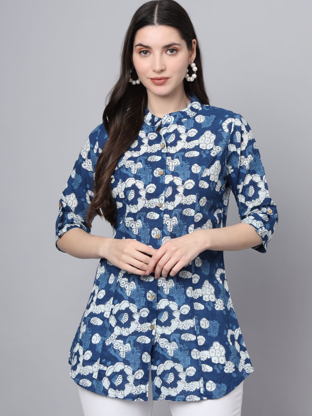 

BAESD Women Floral Print Mandarin Collar Roll-Up Sleeves Cotton Shirt Style Top, Blue