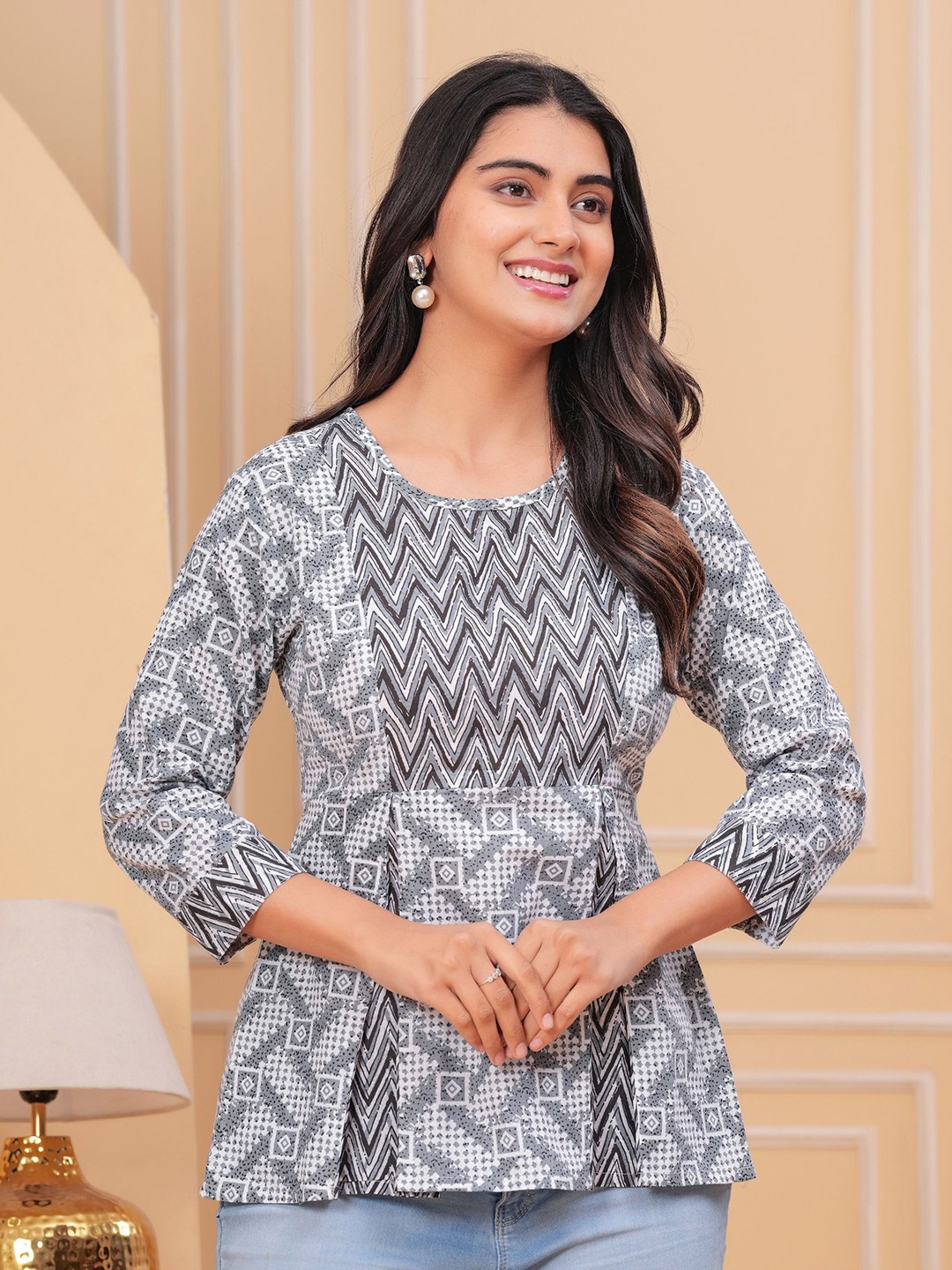 

kipek Women Printed Peplum Cotton Top, Grey