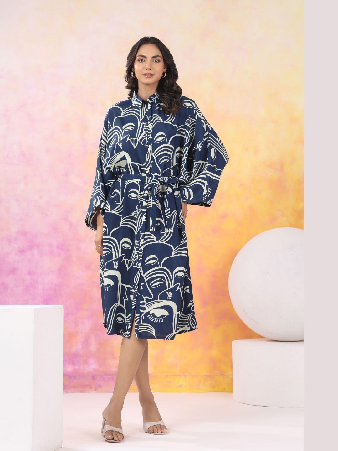 

Kaftanize Women Shirt Collar Flared Sleeves Fit & Flare Dress, Blue