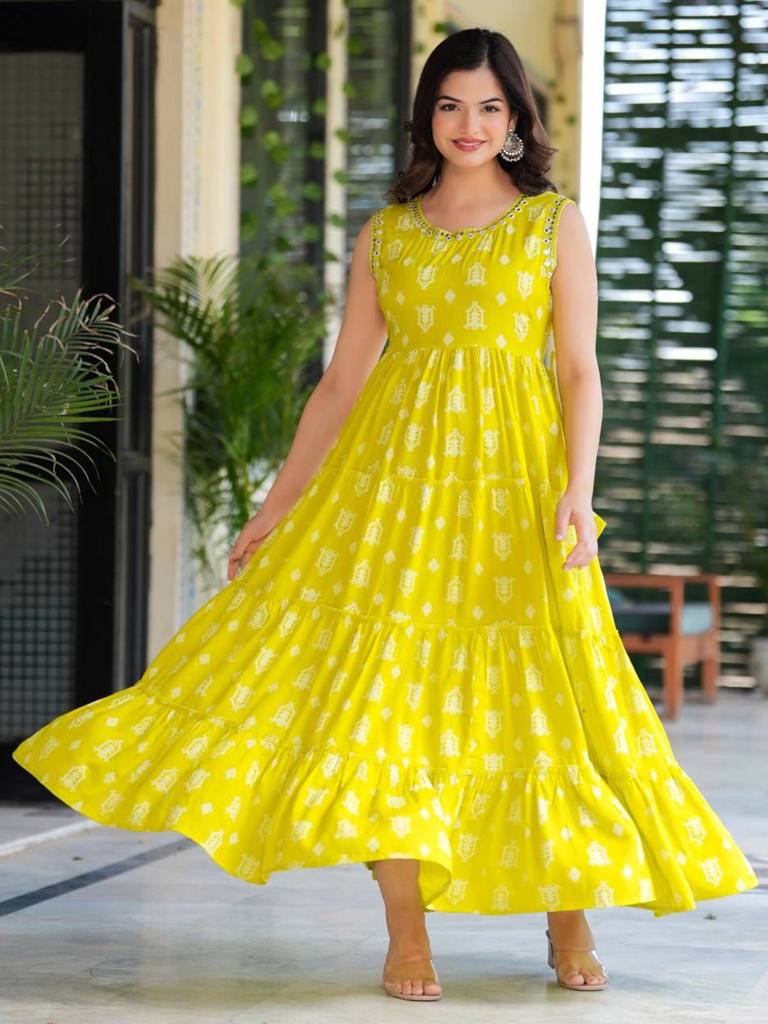 

CHARVI CREATION Women Printed Fit & Flare Maxi Ethnic Dress, Fluorescent green