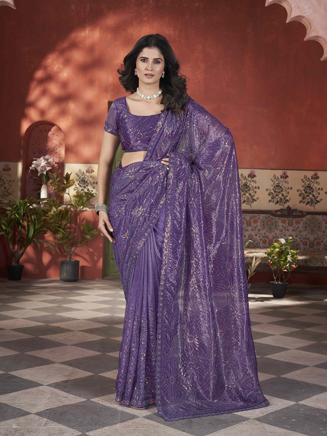 

Munir Floral Sequinned Tissue Saree, Purple